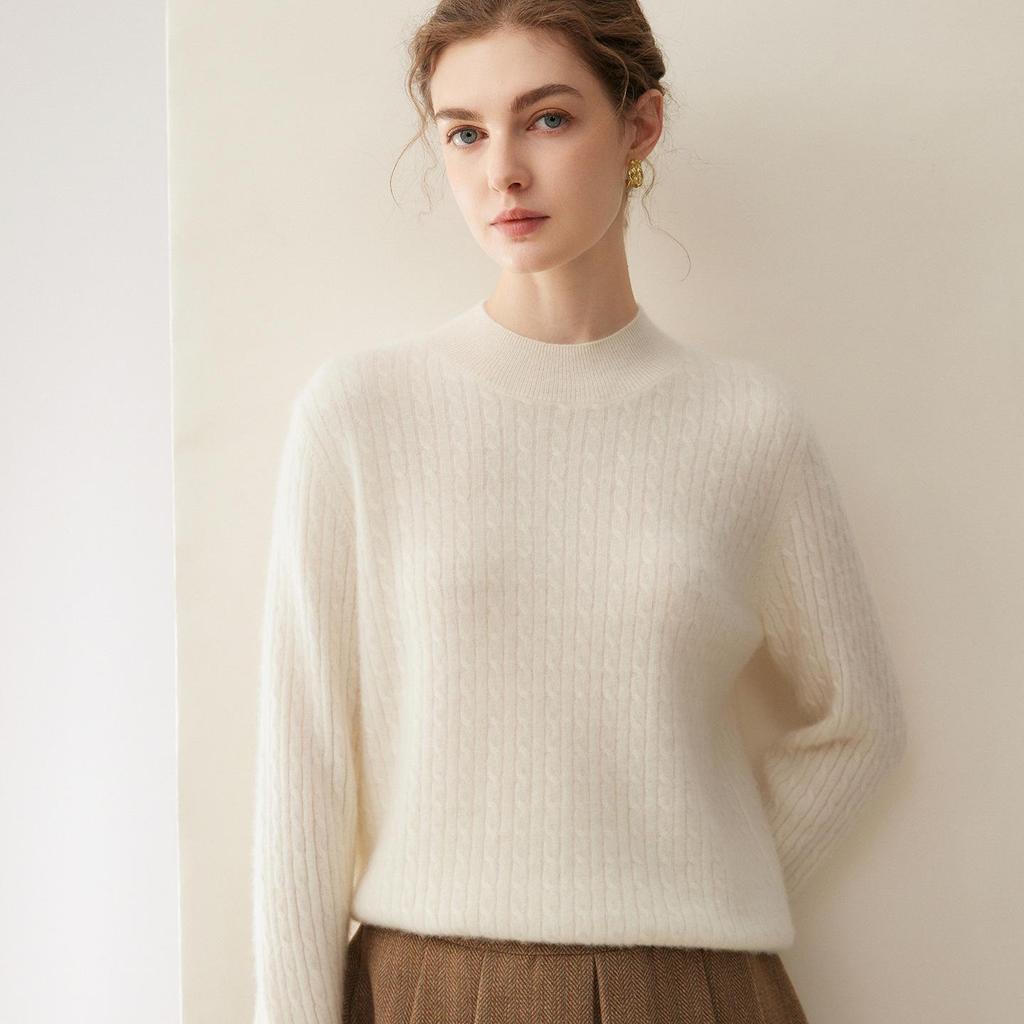 Women's Pure Cashmere Cable Knit Sweater - Autumn/Winter 2026, Half-High Neck, Loose, Slimming, Gentle Style.