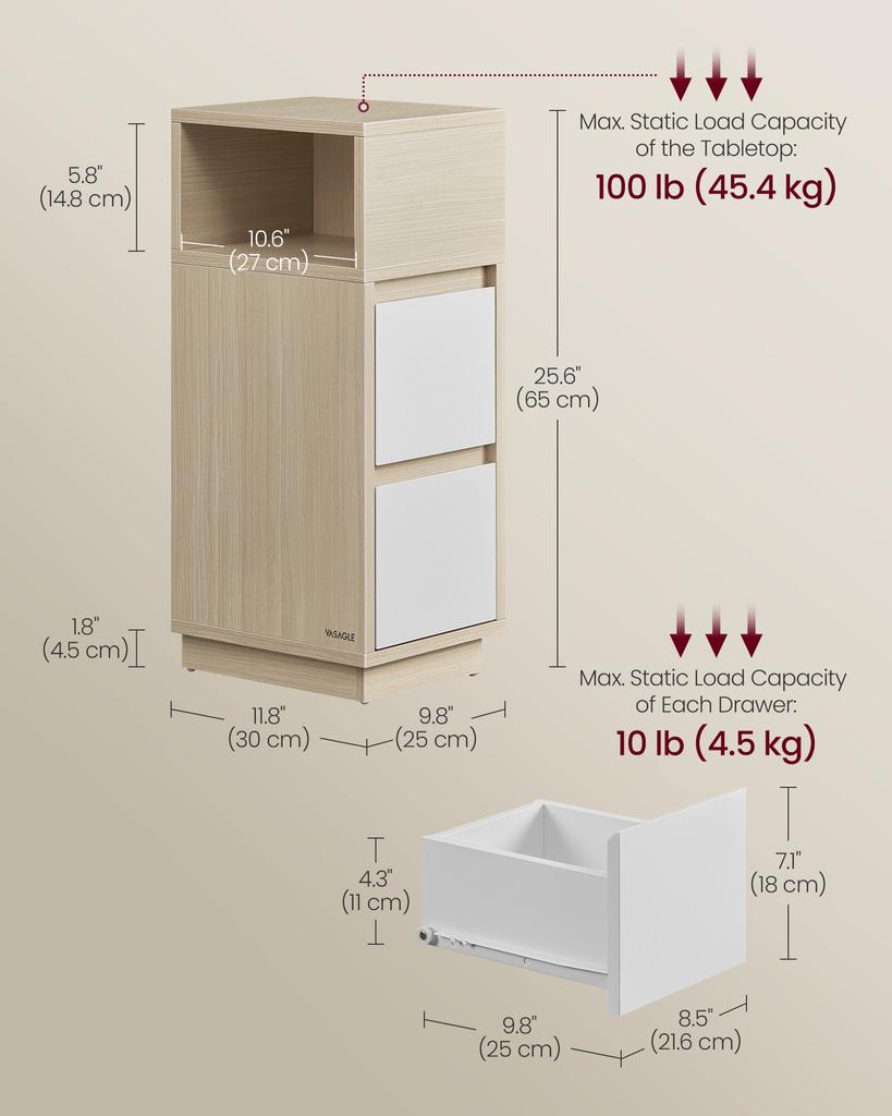 VASAGLE KAILYN Collection - Slim Bedside Tables, Set of 2 Small Narrow Side End Tables with Drawers, Flexible Open Compartment, for Bedroom