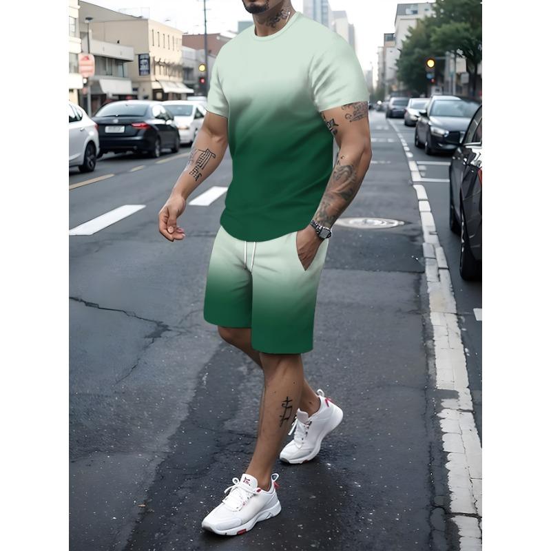 New 3D Printing Men's Sportswear Fitness Set Running Suit Casual T-shirt+shorts Set Breathable Jogging Sportswear Striped Suit