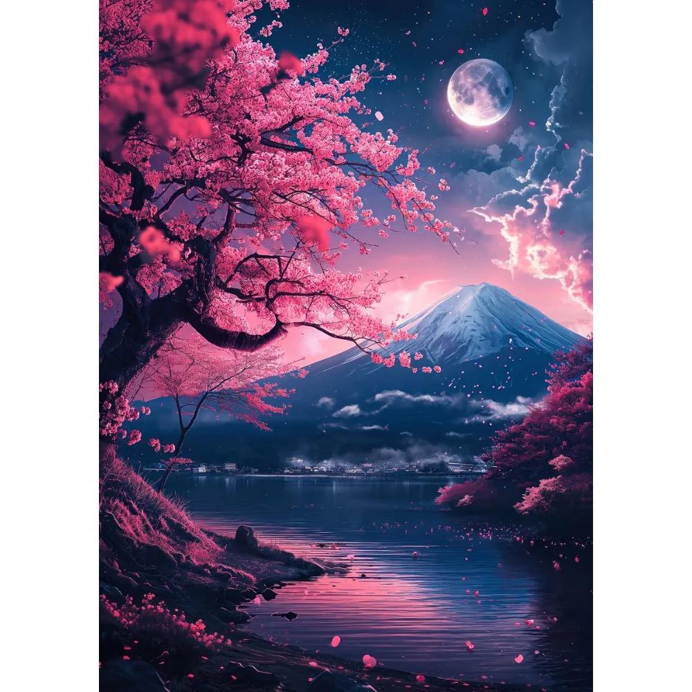 Japanische Kirschblüten am Fuji Poster Hellrosa Stadt Asiatische Reise Kunstdrucke Leinwandgemälde Wandbilder Heim Zimmer Dekor