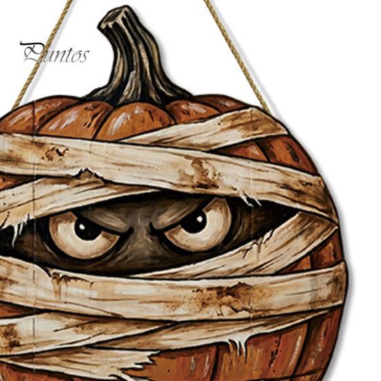 Decorative Hanging Party Sign Halloween Mummy Pumpkin Sign, Retro Wooden Pendant with Poplar Wood Holiday Plaque Hemp Rope for Front Door Wall