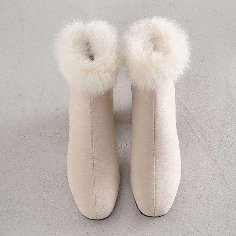 Winter Comfortable White Black Women Ankle Boots Rabbit Fur  Heels Lady Casual Shoes