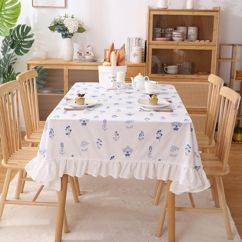 Small Fresh Cotton White Background Embroidered Flower And Grass Skirt Pleated Lotus Leaf Fungus Edge Coffee Table Tablecloth Dining Table Cloth