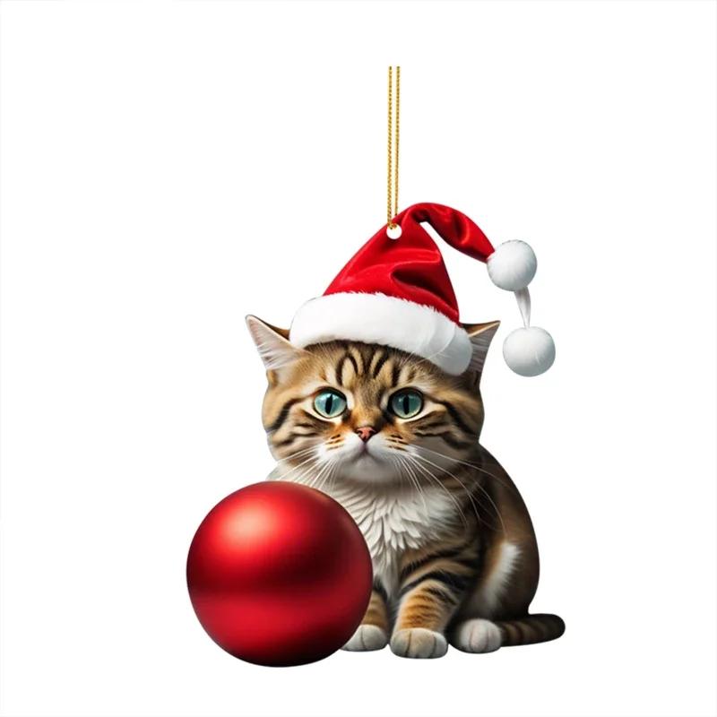 1-10PCS Christmas Acrylic Car Hanging Ornament Cat Santa Hat Tree Pendant Holiday Home Decoration Xmas Party Supplies