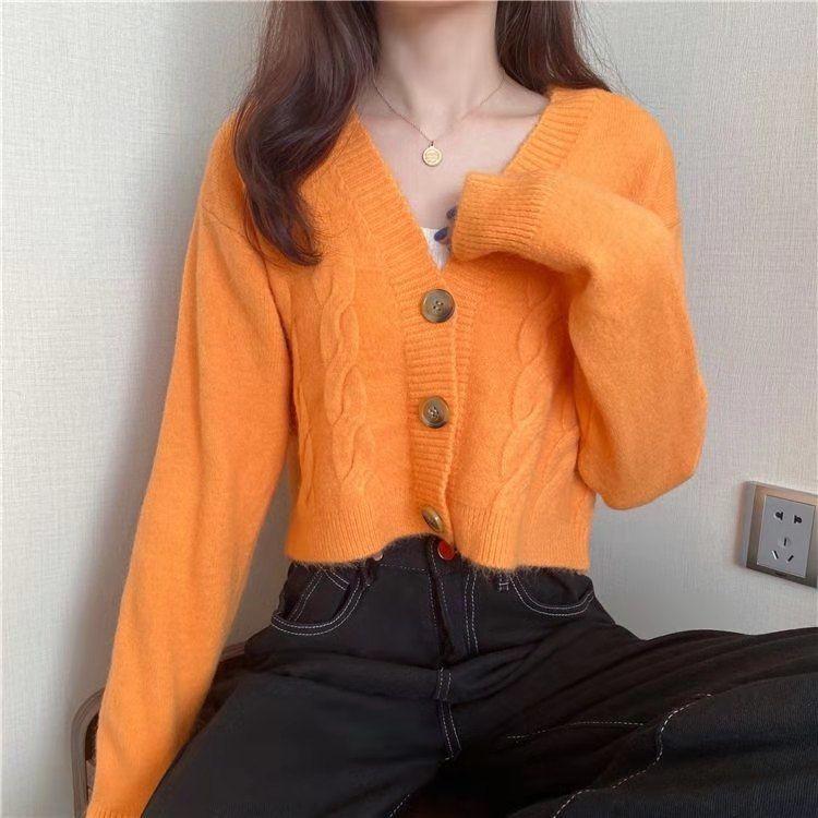 V-Neck Cropped Cardigan Women Long Sleeve Twist Knitted Sweater Coats Autumn Winter Keep Warm Fashion Jacket Cardigan