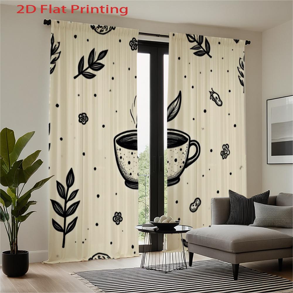 2D Flat   2pcs 2D Flat Printing Curtains   Coffee Cup Leaf Floral Pattern Dot Print Rod Pocket Velvet Fabric Window Drapes for Hom