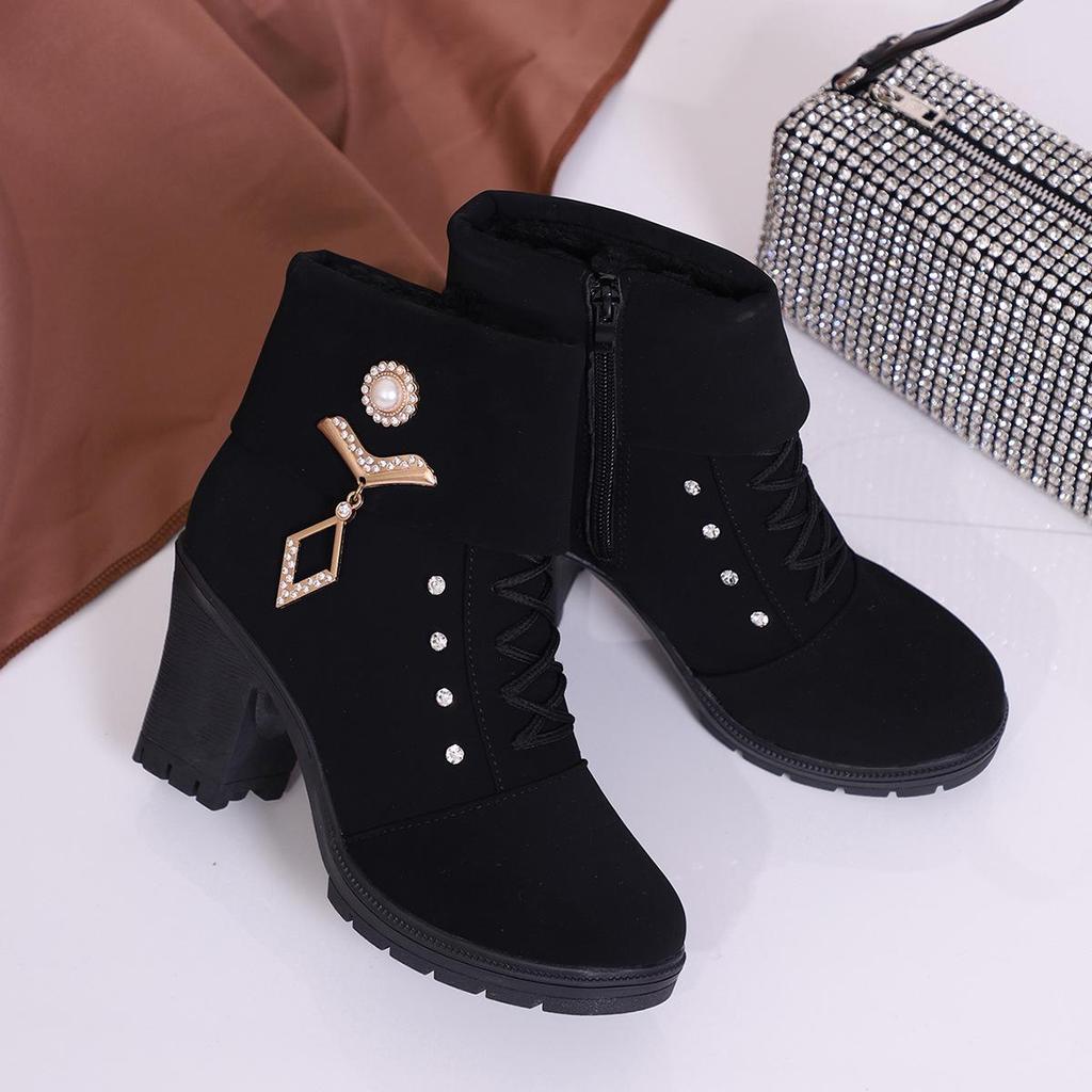 Plus Size Rhinestone Martin Boots 2024: High Heel, Warm Cotton, Side Zipper Women's Fashion Boots for Autumn/Winter