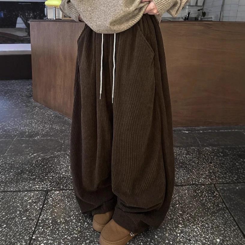 Corduroy High-Waist Striped Drawstring Trousers