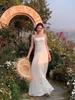 French Elegant Green Mesh Spaghetti Strap Waist-Cinching Dress - Stunning Slimming Long Summer Style for Women 2026