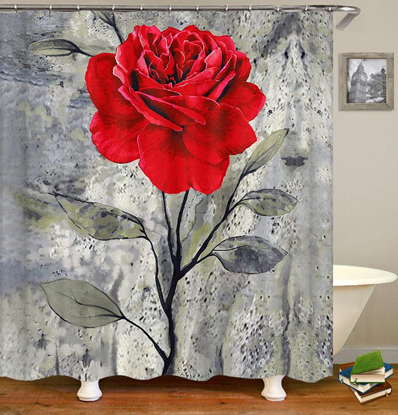 3D Rose Flower Shower Curtain Set Non-Slip Rugs Bath Mat Toilet Lid Cover and 12 Hooks Waterproof Polyester Bathroom Decor