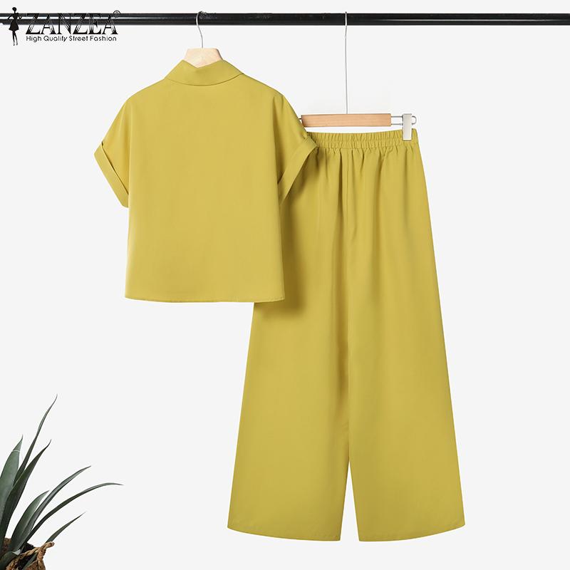 ZANZEA Women Short Sleeve Print Blouse and Pants Casual Two Piece Suit Sets