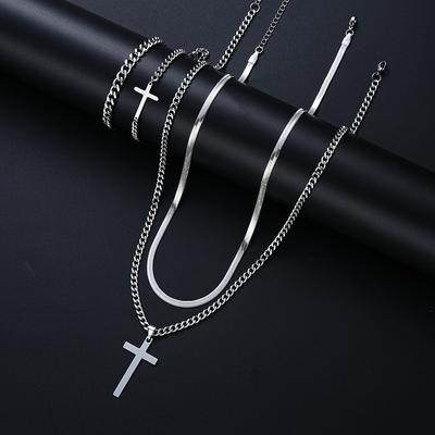 4Pcs Punk Stainless Steel Cross Pendant Necklace Bracelet Sets Simple Silver Color Jewelry Set for Men Unisex Hip Hop Jewelry