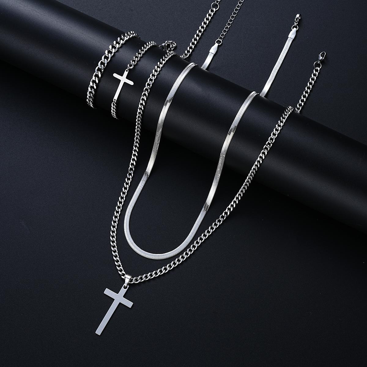 

4Pcs Punk Stainless Steel Cross Pendant Necklace Bracelet Sets Simple Silver Color Jewelry Set for Men Unisex Hip Hop Jewelry