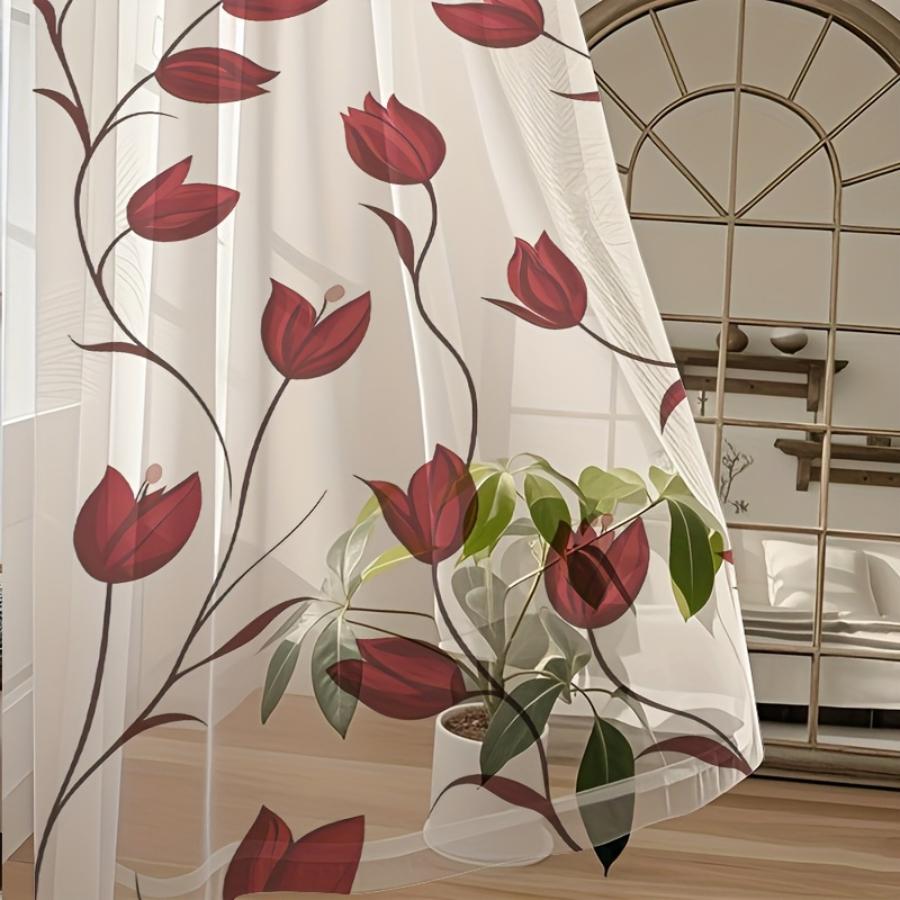 Digital Printed Curtains with Red Flower Vines Design, Stylish Window Drapes for Living Room Bedroom Home Decoration