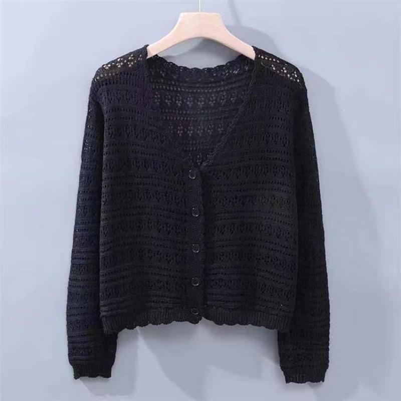 Autumn Winter V-neck Hollow Out All-match Cardigan Knitting Coat Women Loose Casual Buttons Jacket Top