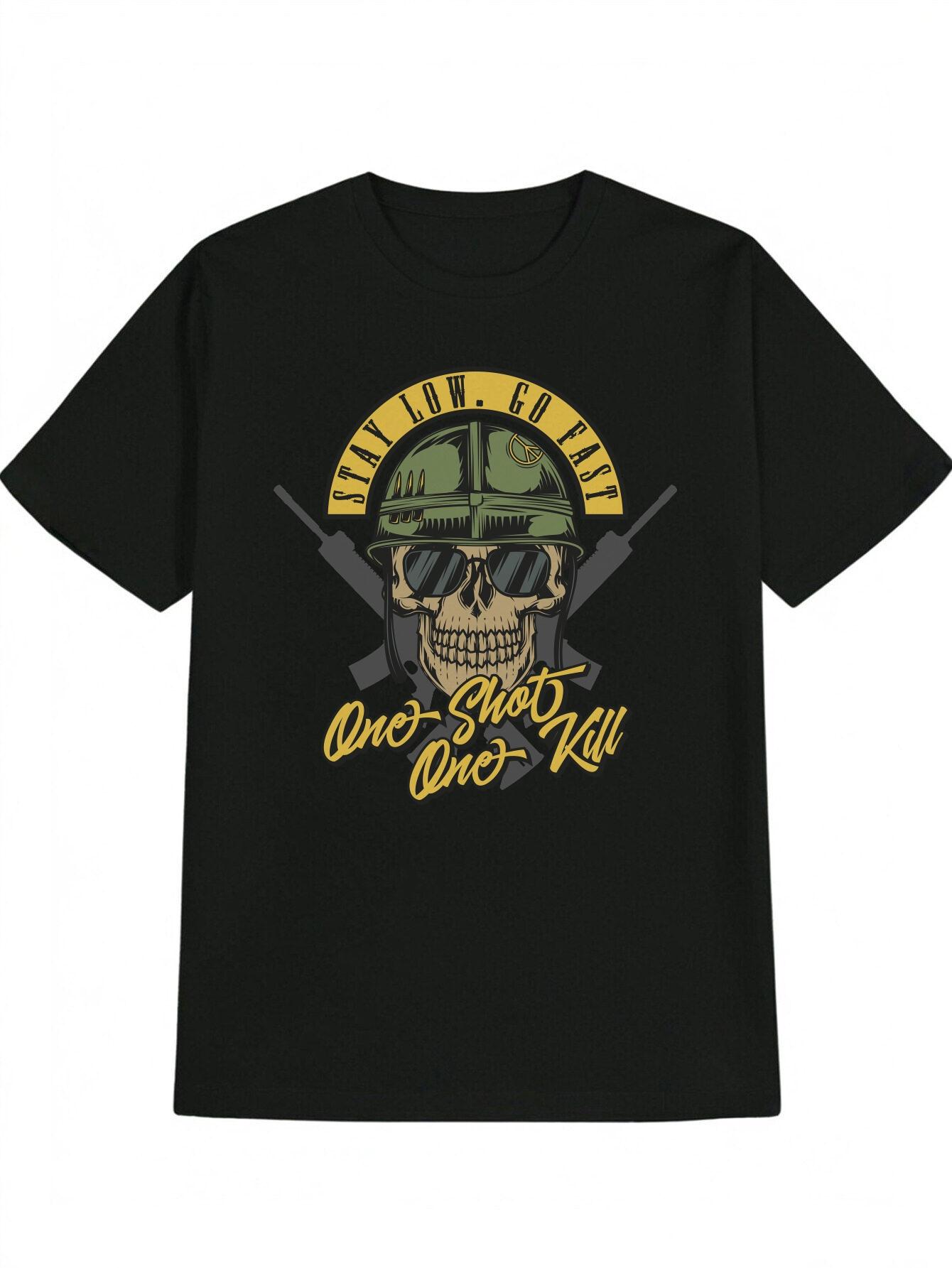 Casual Black T-shirt with Skull & Green Military Helmet Print - Stay Low S