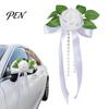 All Weather Car Flower Set Artificial White Rose Wedding Decoration, Door Handle & Rearview Mirror Bouquet Resistant Flowers with Satin Ribbon Bow And