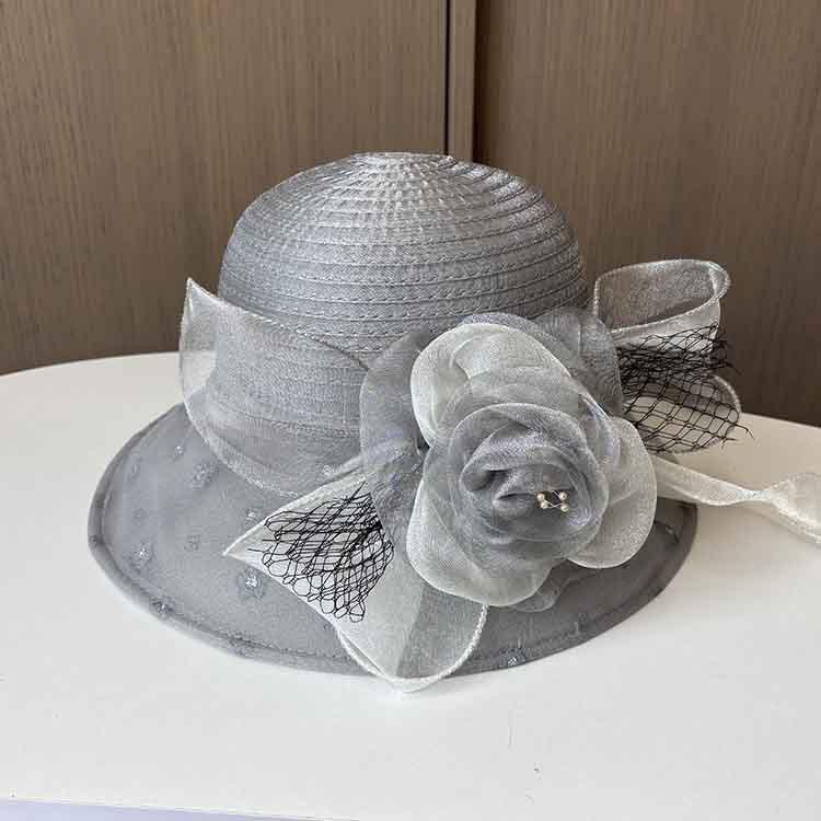 European and American retro organza small edge basin hat fashionable two-color flower mesh sun hat summer beach sun protection hat
