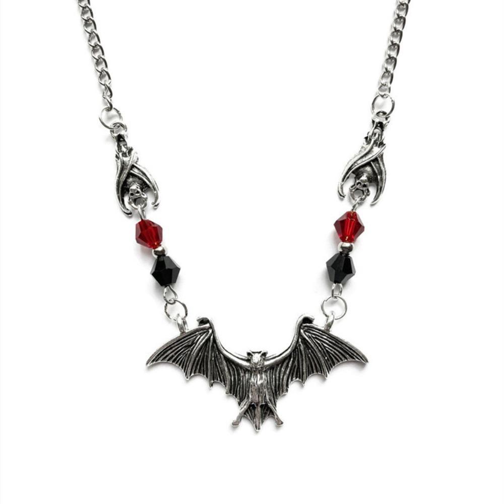 Gothic Personality Red Crystal Beads Vampire Black Bat Pendant Necklace for Women Men Hallowmas Party Collar Chain Jewelry Gifts