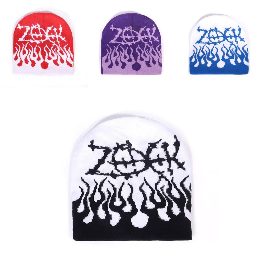 Korean Style Knit Hat With Flame Pattern For Winter Warmth And Streetwear