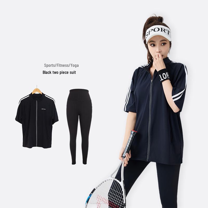 2026 New Arrival Plus Size Slimming Three-Piece Fitness Set: Short Sleeve Zipper Top, Belly Covering, Tapered Leg Pants