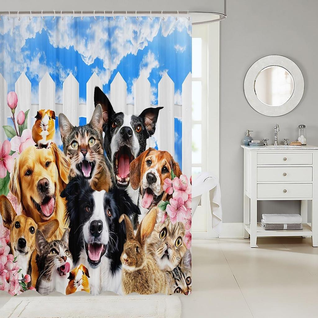Dog Bath Curtain for Girls Boys Kids Cute Pet Cat Dog Shower Curtain with Hooks Backyard Pals Dogs and Cats Shower Curtain