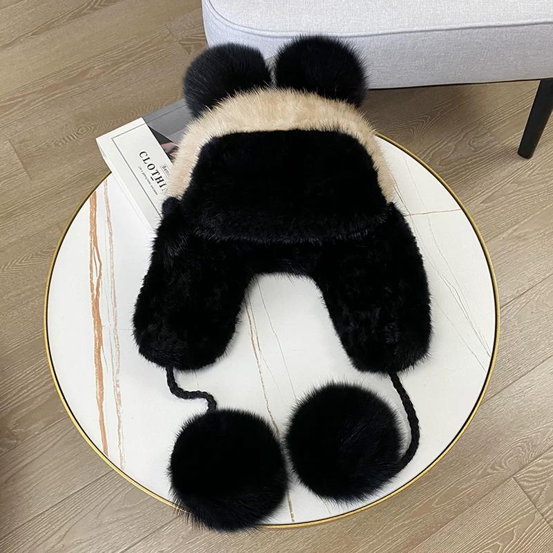 Winter New Warm Mink Hair Woven Lei Feng Hat Female Ear Protector Mink Hat Cute Fox Fur Ball Fur Hat