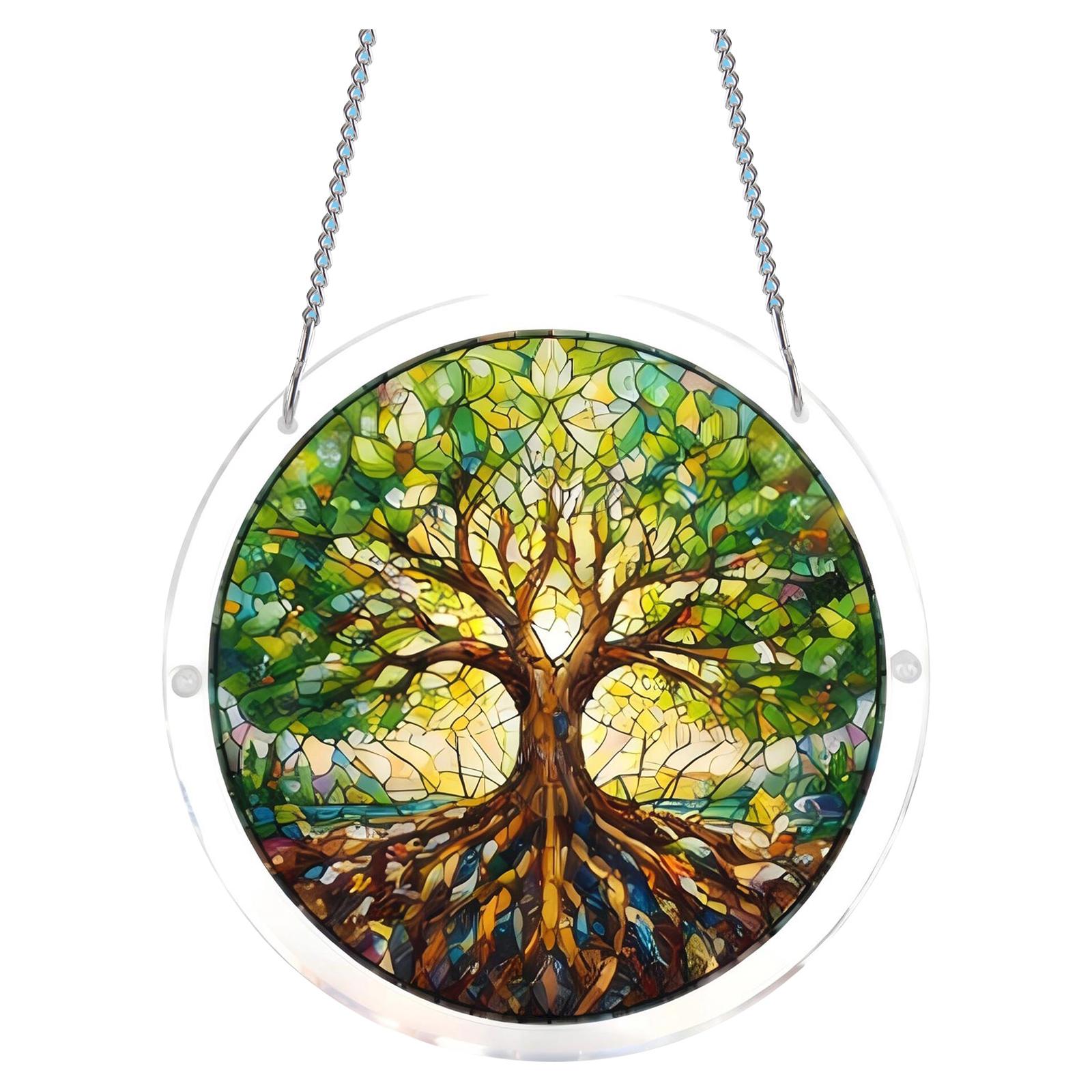 

Acrylic Sun Catcher Window Hanging Decoration Tree of Life Design Round 2D Stained Glass Style Ornament with Metal Chain for Home Office One Size
