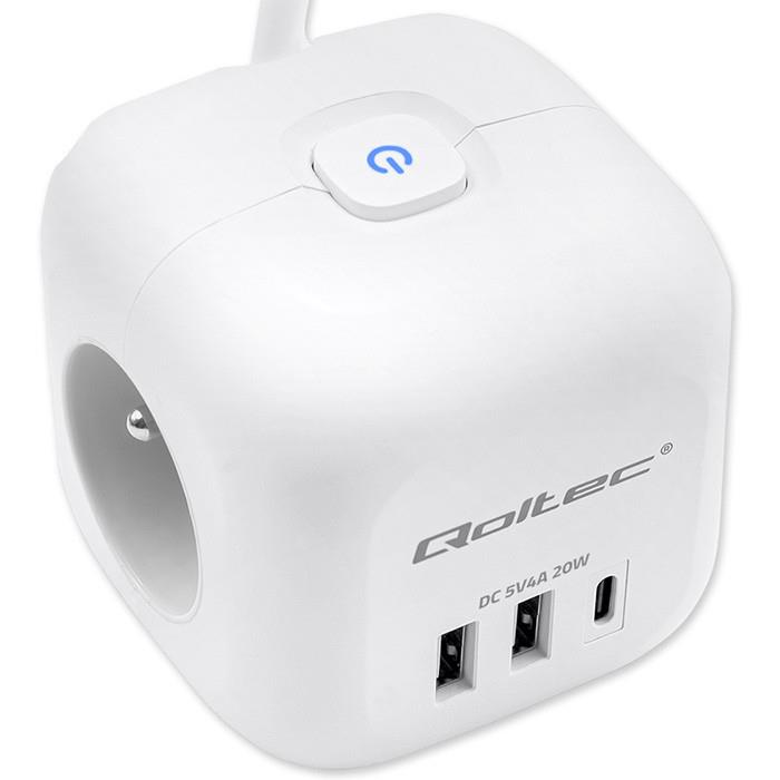 Kostka zasilająca Qoltec przedłużacz 6w1 z podświetlanym włącznikiem | 3x AC | 2x USB | 1x USB-C PD 20W | Biała | Kabel 2m