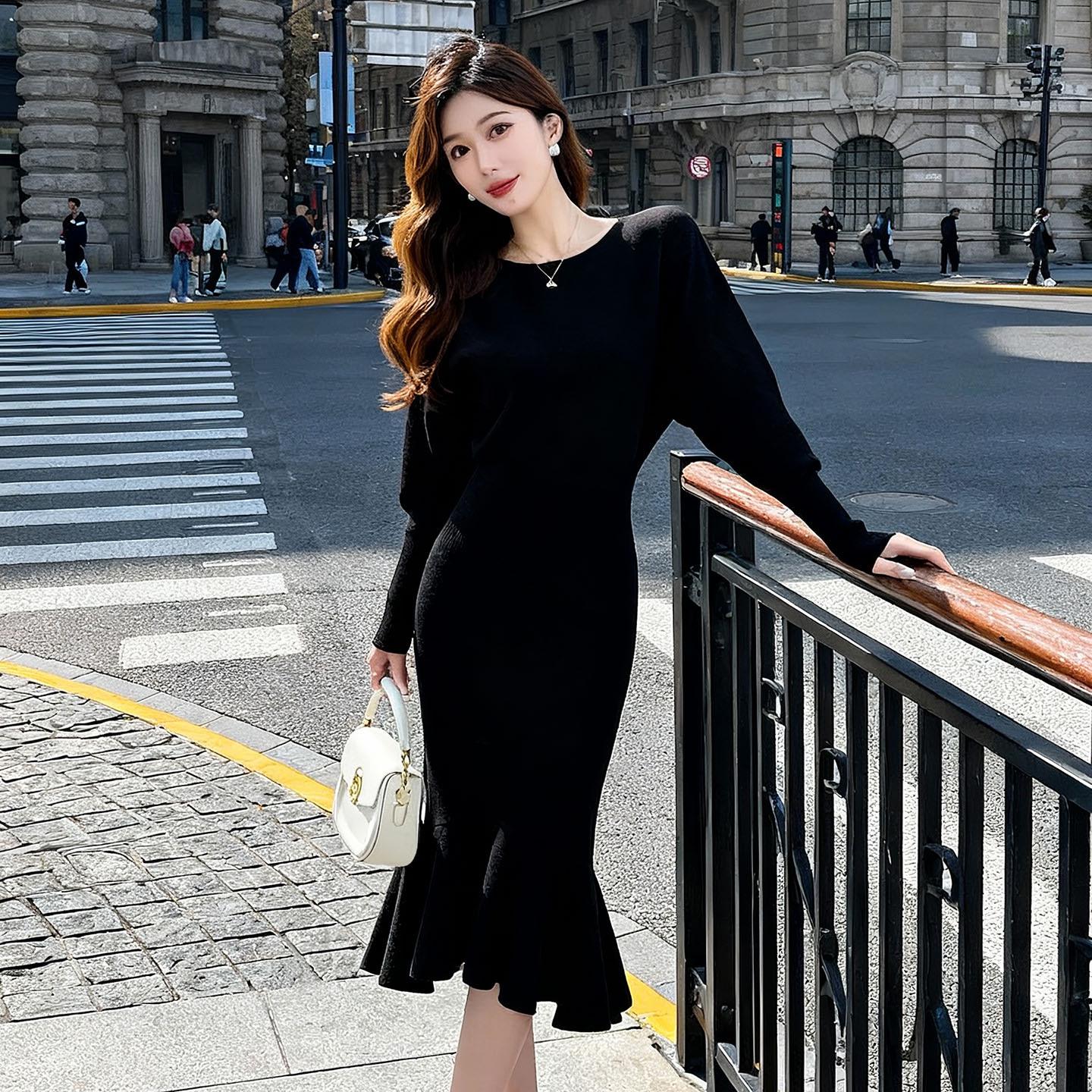 Elegant Black Mermaid Skirt Dress: Women s Long Sleeve, Over-the-Knee Knitted Style Extra Large чёрный