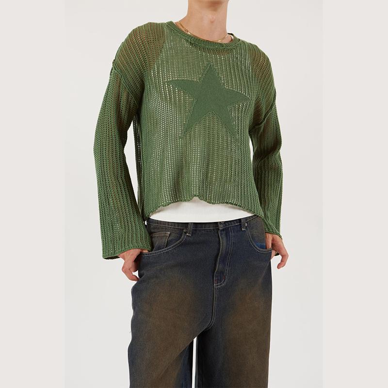 Mode frauen Fünf-Punkt-Stern Hohl Pullover frauen Casual Frühen Herbst Grün Pullover Top