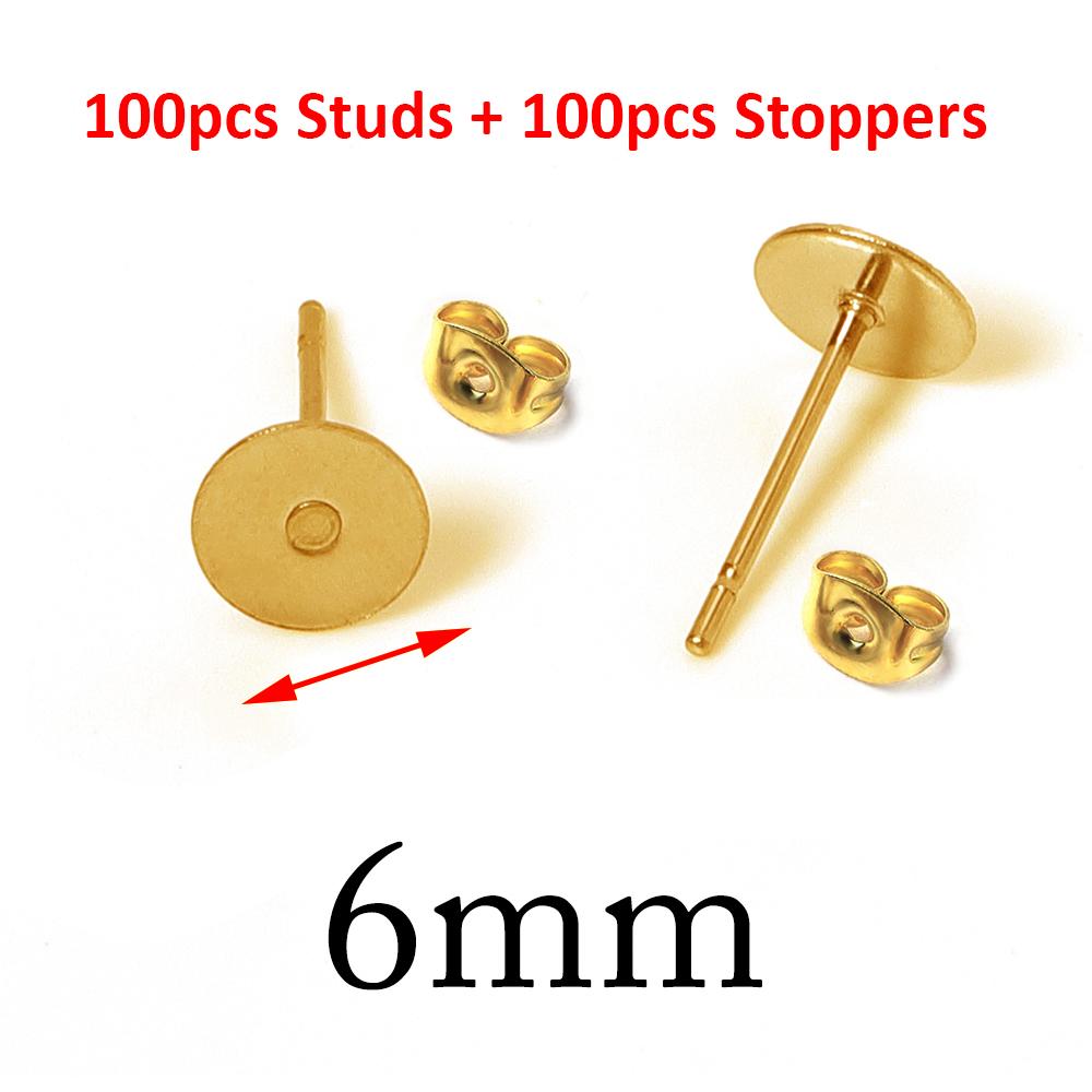 100pcs Gold Color 316L Stainless Steel Earring Studs DIY Ear Blank Post Pins 3-12mm Flat Round Tray Base Ear Jewelry Making DIY