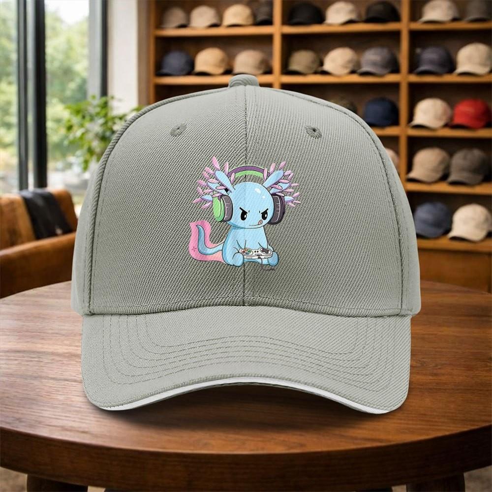 Gamer Axolotl Headphone Print Baseball Cap Adjustable Curved Brim Casual Street Dance Hat