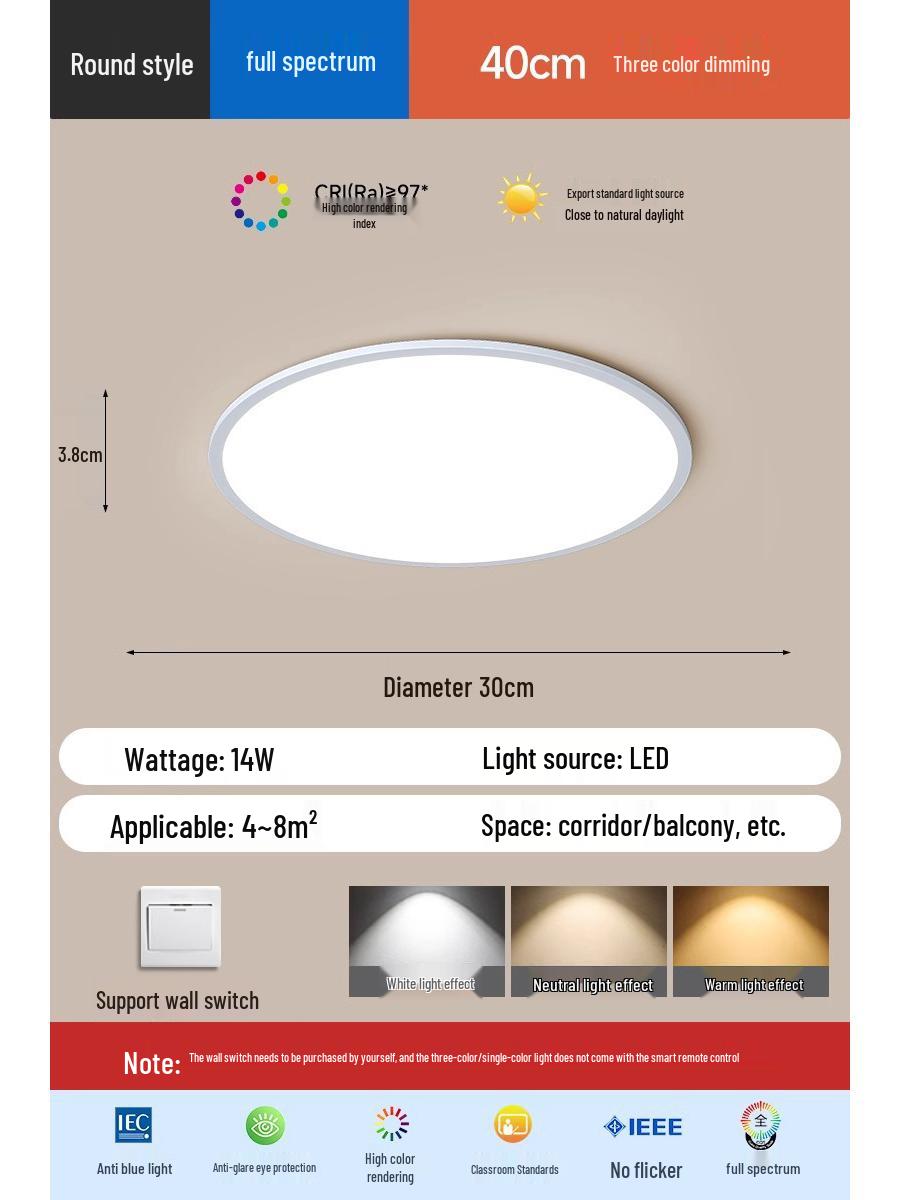 

Ультратонкий минималистичный потолочный светильник для спальни и гостиной — современное освещение полного спектра Tri-color Dimming
