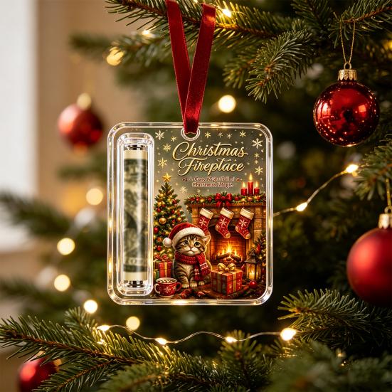 Money Gift Decor Christmas Cash Holder Ornament, Acrylic Angel Santa Cat Transparent for Xmas Tree, Holiday Party Hanging Decoration with Lanyard Easy