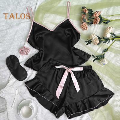 2 Pcs/Set Women Pajamas Set Satin Spaghetti Strap Sleeveless Backless V Neck Top Elastic Waist Ruffle Pleated Bow Decor Shorts Set Homewear Sleepwear