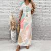 Women Plus Size V Neck Short Sleeve Printed Straight Maxi Dress