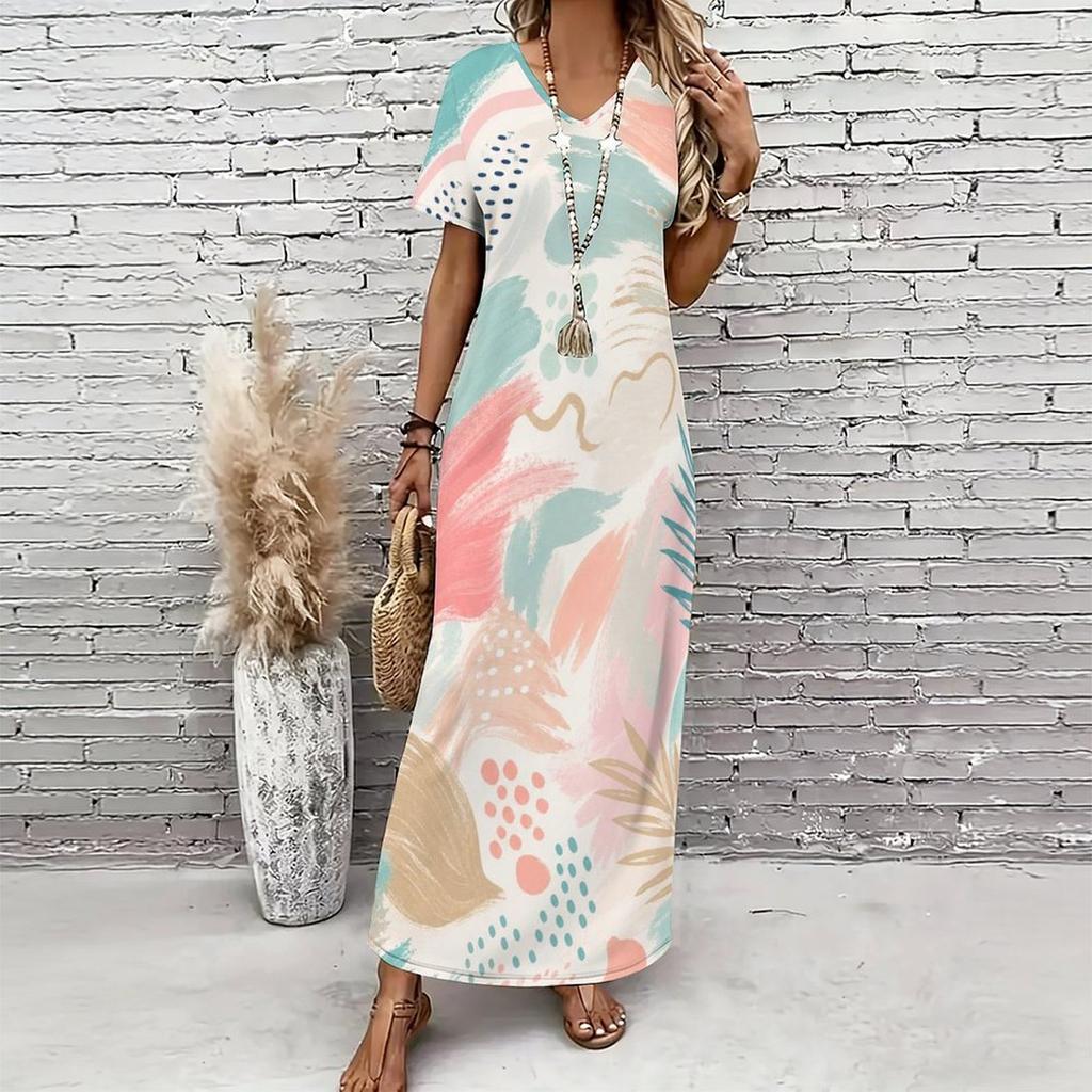 Women Plus Size V Neck Short Sleeve Printed Straight Maxi Dress