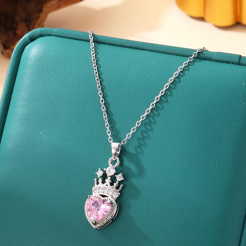 [Micro-Set Pink Zircon Titanium Steel Necklace Sweet Light Luxury Fashion Choker Jewelry]