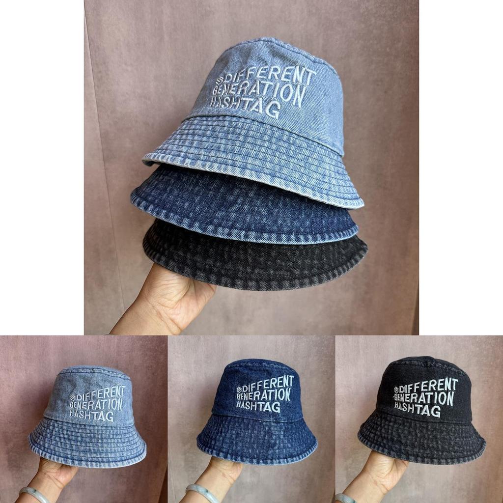 Vintage Denim Buchstabe Bestickt Eimerhut Für Männer Frauen Sommer Sonnenschutz Outdoor Accessoire