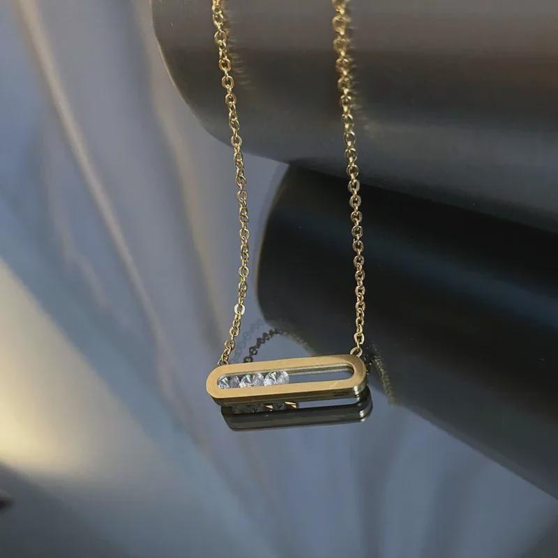 Koreański owalny geometryczny naszyjnik z cyrkonii ze stali tytanowej - luksusowy łańcuszek na obojczyk