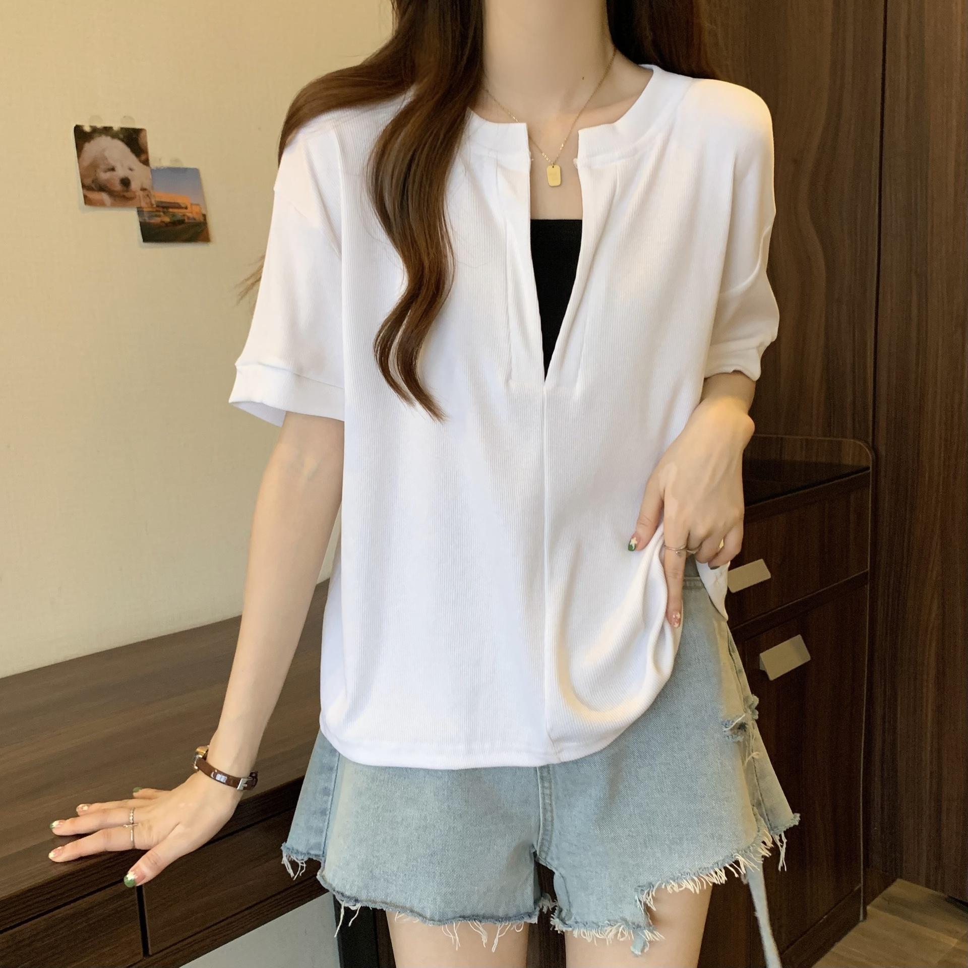 

Поддельная футболка из двух частей с v-образным вырезом большого размера и коротким рукавом, женские летние свободные однотонные топы трапециевидной формы с короткими секциями S белый