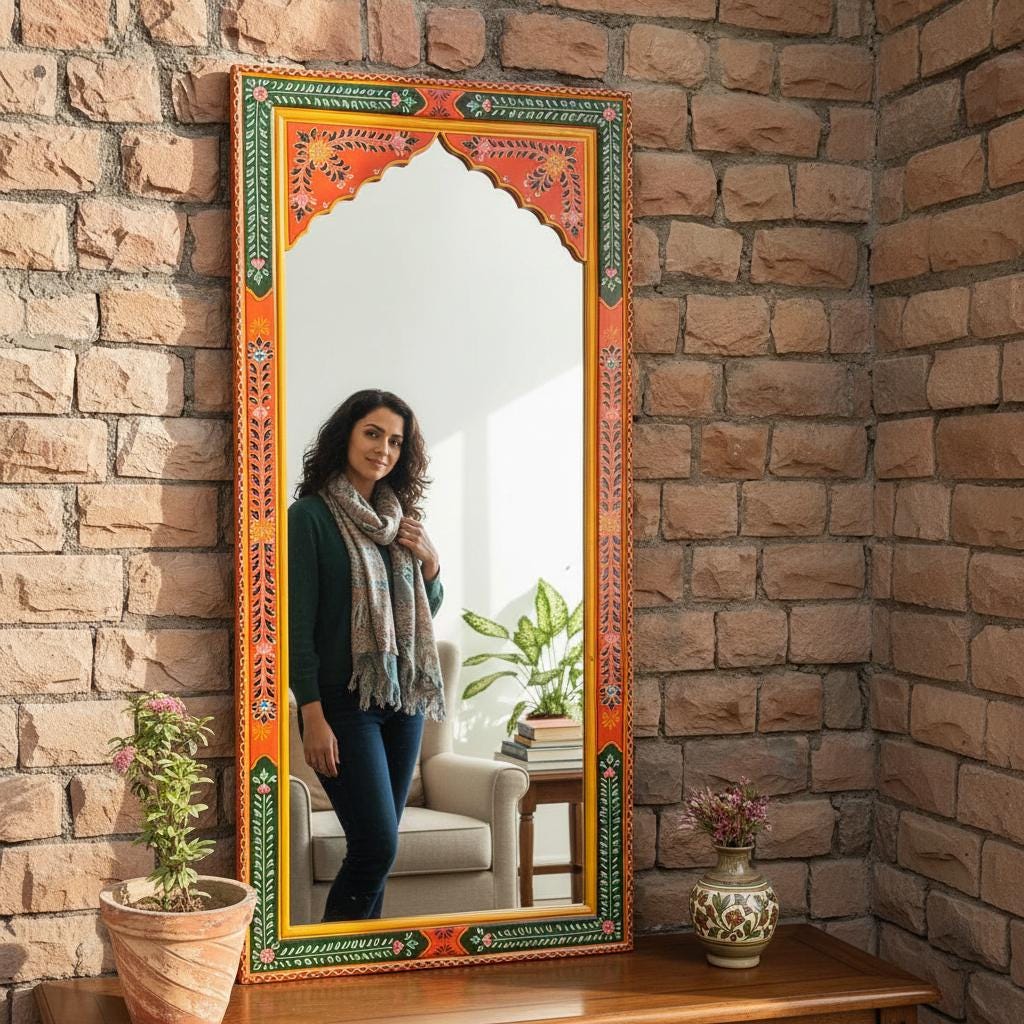 Wooden Painted Wall Decor Fram Mirror-Bedroom Mirror Home Decor Art Furniture | Wall Living Fram Decor Mirror-Indian Painted Beautifull Fram