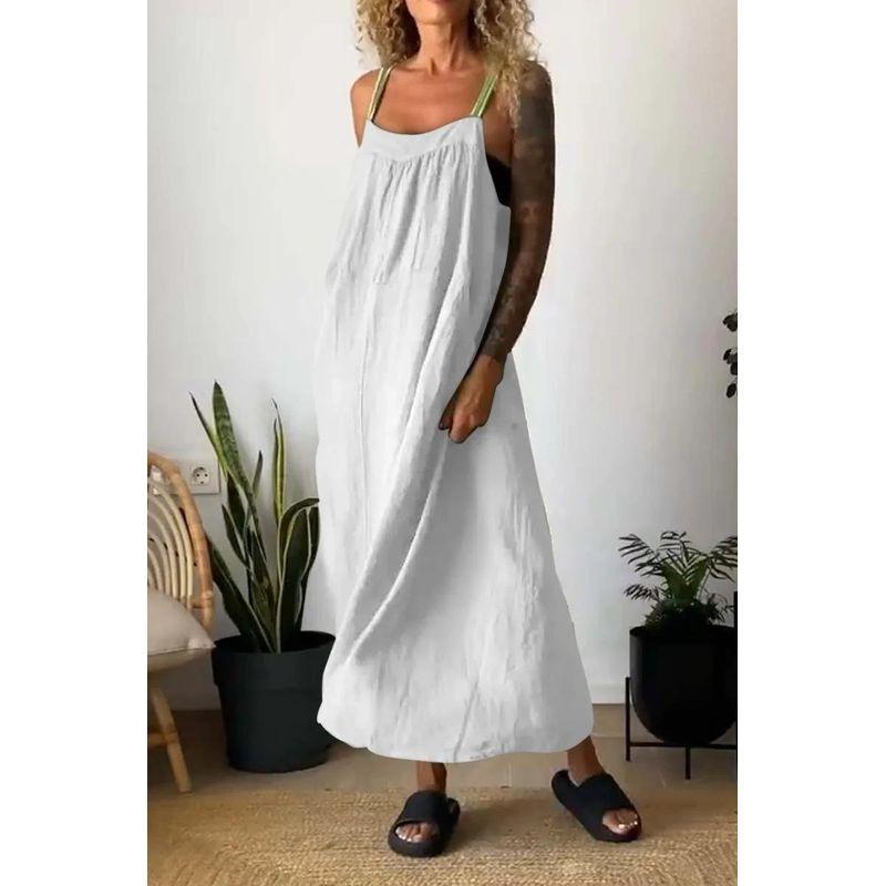 

European and American 2025 Summer Casual Suspender Skirt Loose Plus size Long dress Loose plus Size Long Skirt White XL