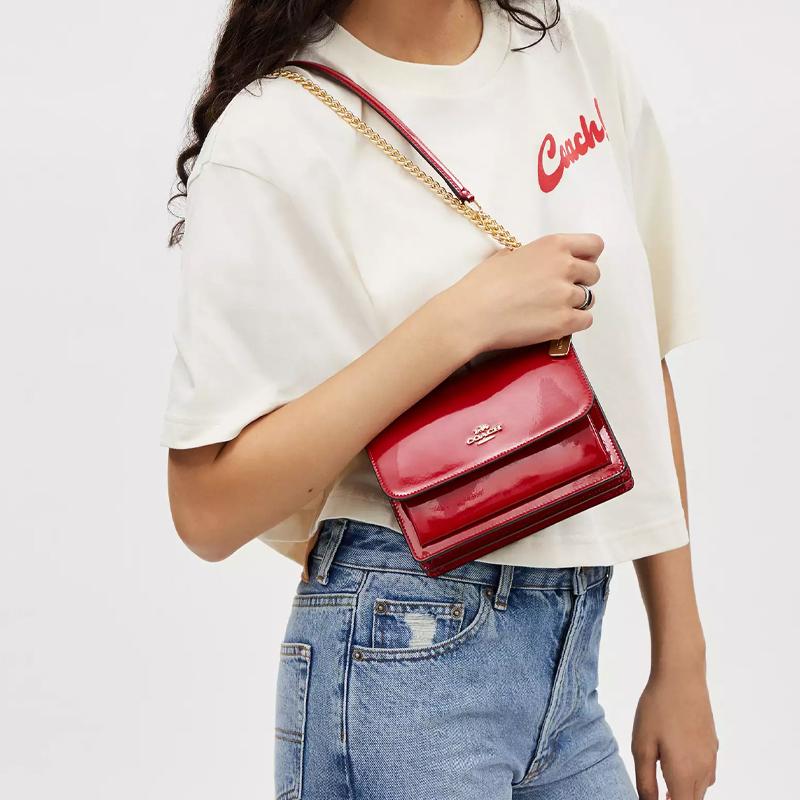 Coach Klare 18 Branded Logo Flap Snap Closure Patent and Leather Crossbody Shoulder Bag Small Women's Gold and Red