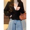 V-neck Fashion Women One Button Cardigan Short Sweater Autumn /Winter Long Sleeve Knitted Jackets Solid Color Elegant Loose Office Basic Casual Coats