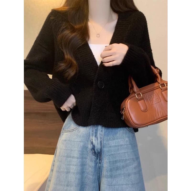 V-neck Fashion Women One Button Cardigan Short Sweater Autumn /Winter Long Sleeve Knitted Jackets Solid Color Elegant Loose Office Basic Casual Coats