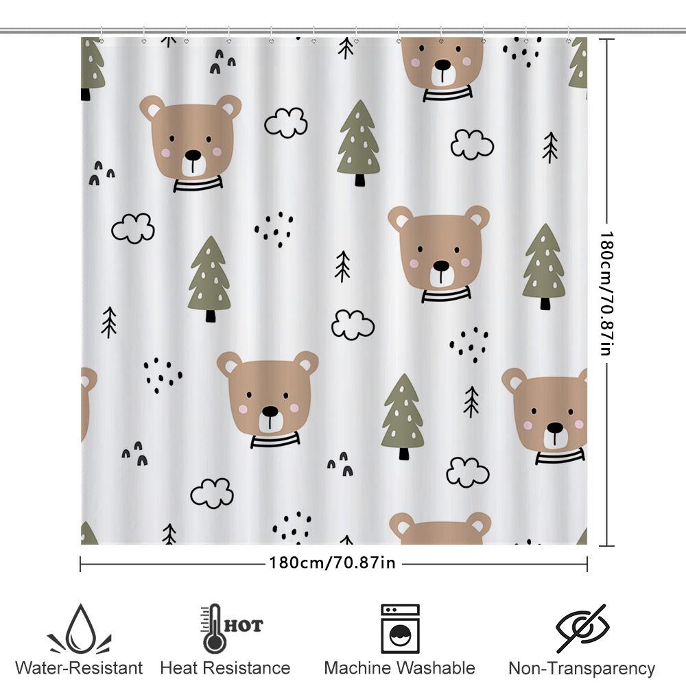 Adorable Bear Pine Tree Shower Curtain Set For Kids Bathroom Decor White Color 180X240Cm