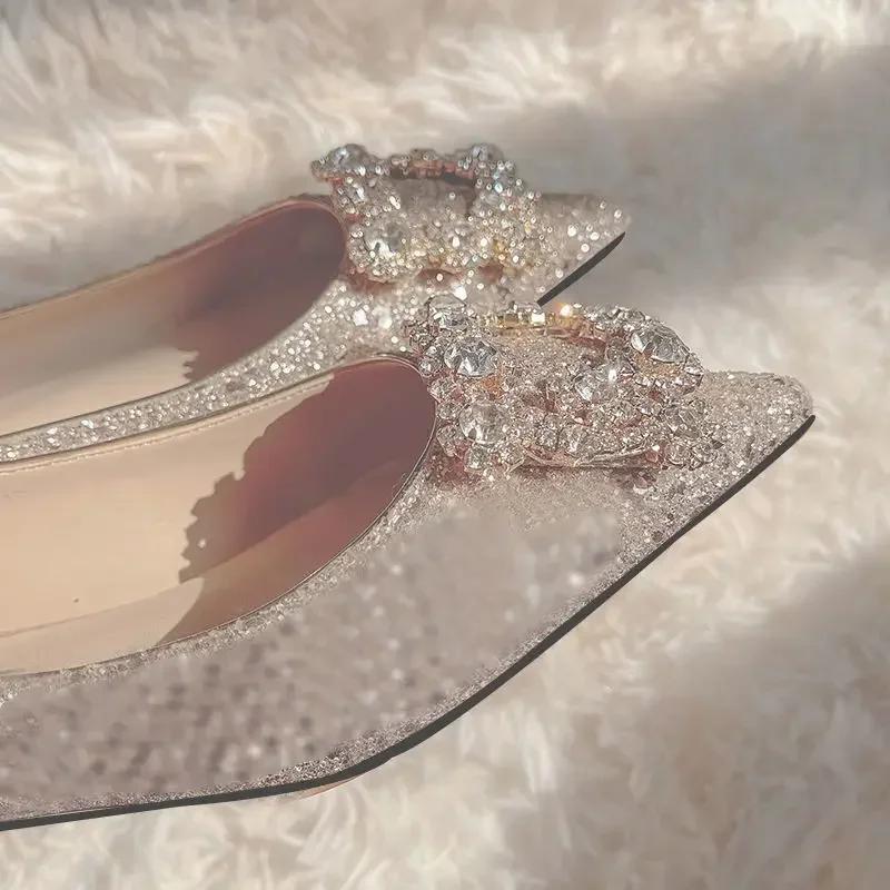 Wedding Shoes Woman Square Buckle Crystal Pointed Toe Flats Glitter Shallow Slip On Comfy Loafers Bling Bling