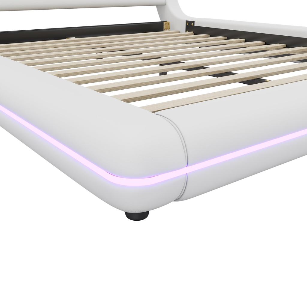 Cama Estofada 160x200cm com Iluminação LED, Camas de Chão Camas de Casal com Cabeceira e Estrado, Sem Colchão